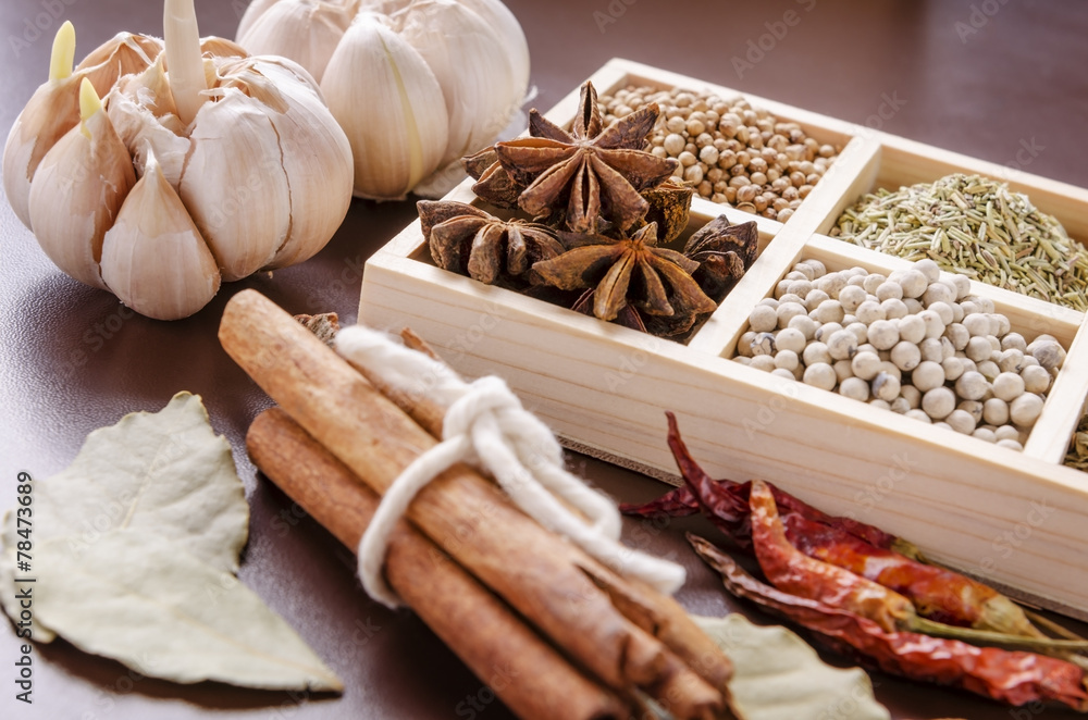 white wooden frame collection of spices white wooden frame collection of spices