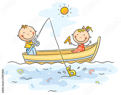 Little kids are fishing