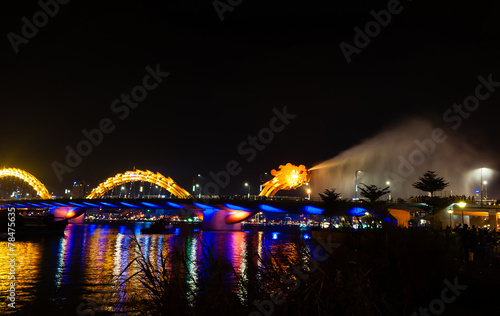 Dragon Bridge Night view gush water Danang