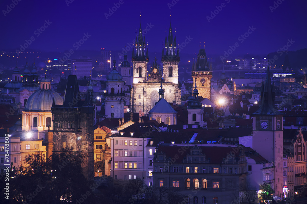 Aerial view of Prague at night