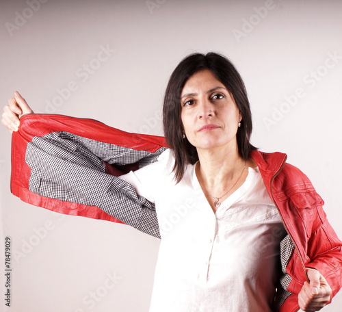 Woman with red leather jacket