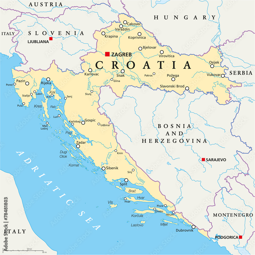 Naklejka premium Polityczna mapa Chorwacji