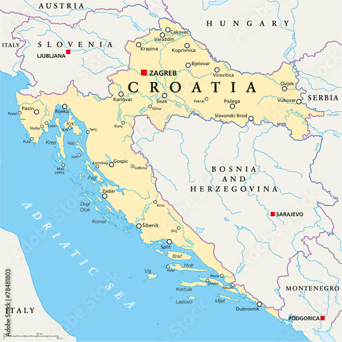 Fotografie, Obraz Croatia Political Map