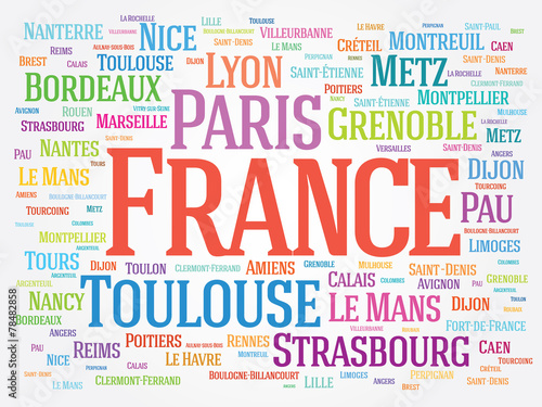 FRANCE word cloud, travel concept, list of cities in France