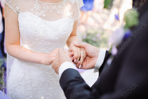 Bride and groom's hands with wedding rings.