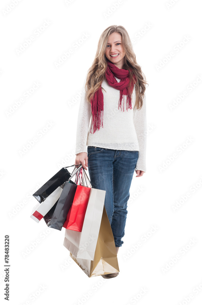 Beautiful shopping lady holding bunch of shopping bags Beautiful shopping lady holding bunch of shopping bags