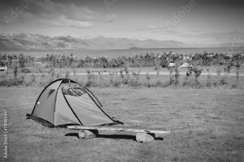 Iceland camping. Black and white.