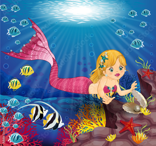 Mermaid with Pearl in the bottom of the sea