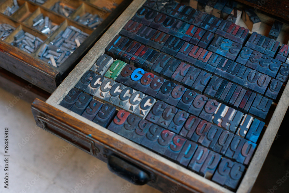 Vintage wooden printing press letters