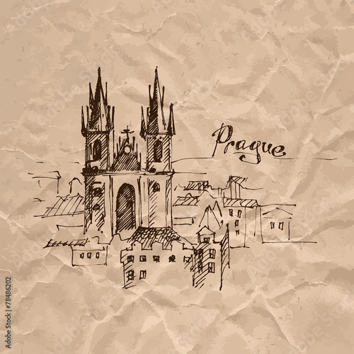 Hand drawn Prague. Sketch on crumpled kraft paper.