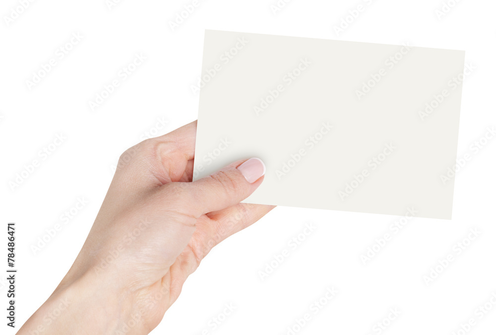 Women's fingers holding a blank business card Women's fingers holding a blank business card