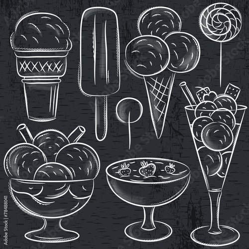 set of different  ice cream on blackboard, vector