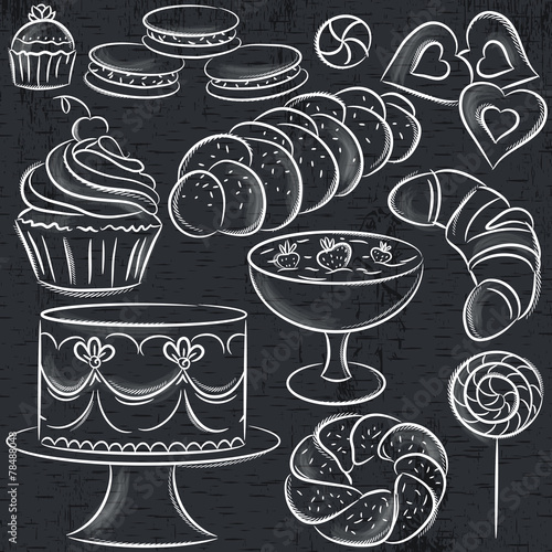set of different sweetmeats on blackboard, vector