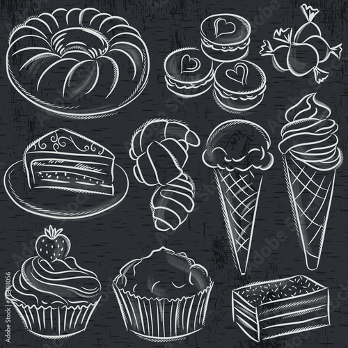 set of different sweetmeats on blackboard, vector