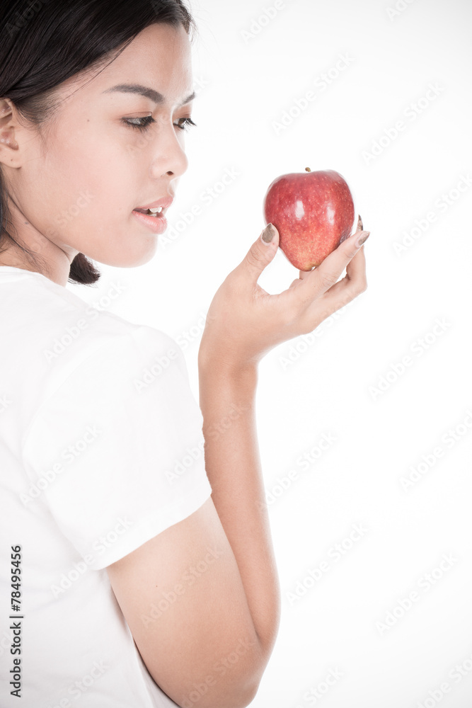 Smiling woman with apple isolated on white Smiling woman with apple isolated on white