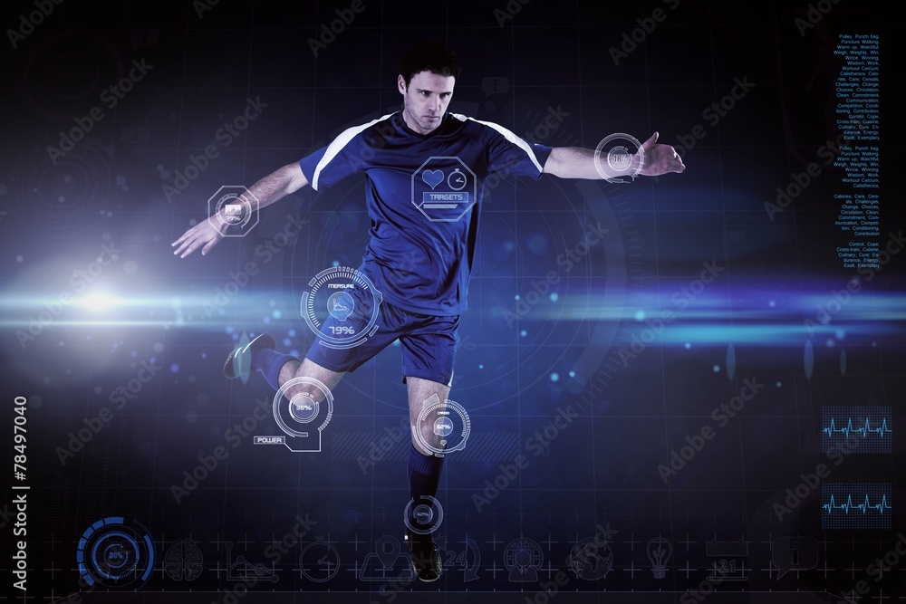 Composite image of football player in blue kicking Composite image of football player in blue kicking
