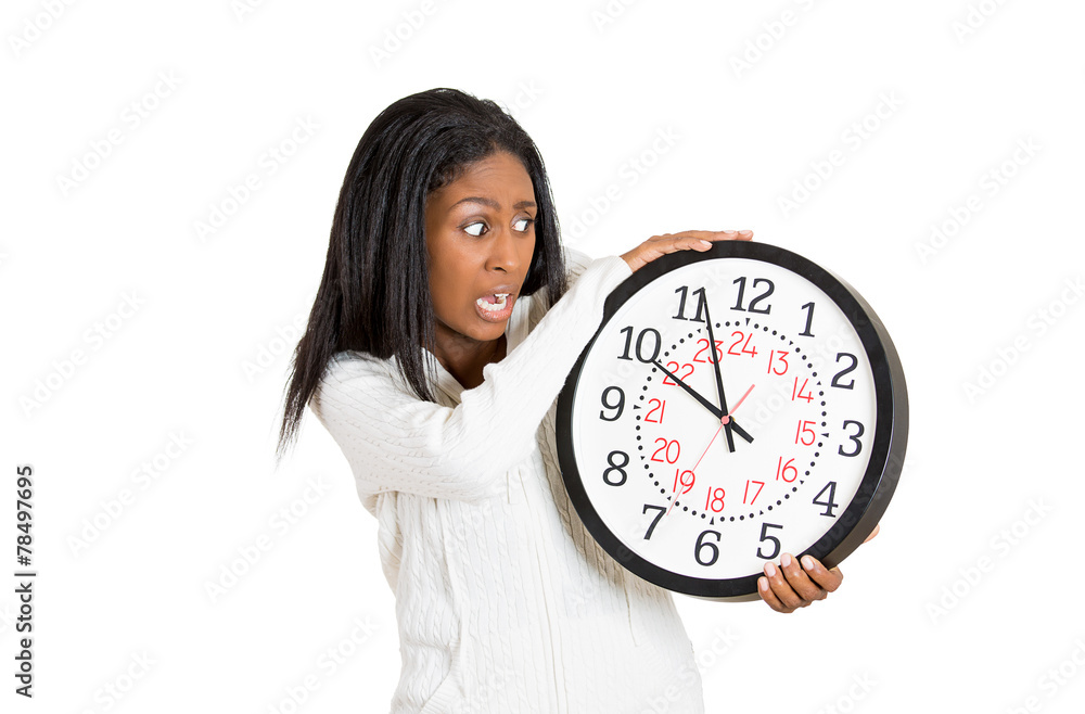 woman with clock anxious, pressured by lack of time woman with clock anxious, pressured by lack of time