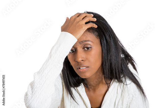 Closeup portrait stressed woman with headache holding head
