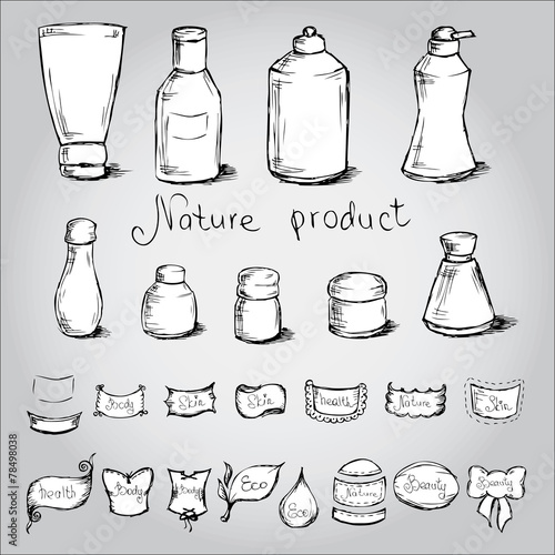 Set bottles, tubes and  them label . Vector illustration.