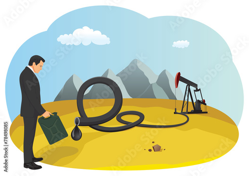 Businessman with a fuel can is looking on oil pump and pipeline