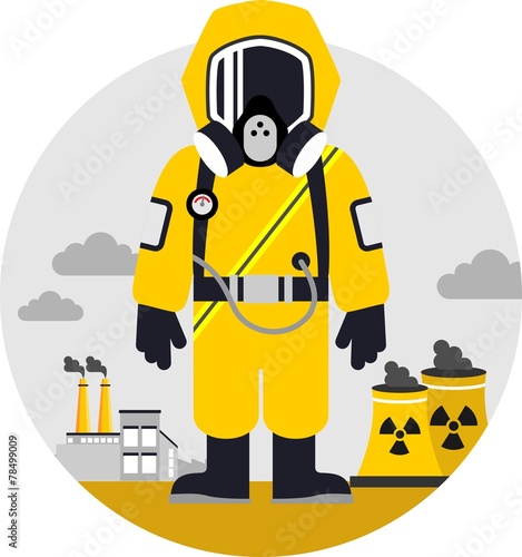 Man in protective suit on pollution background