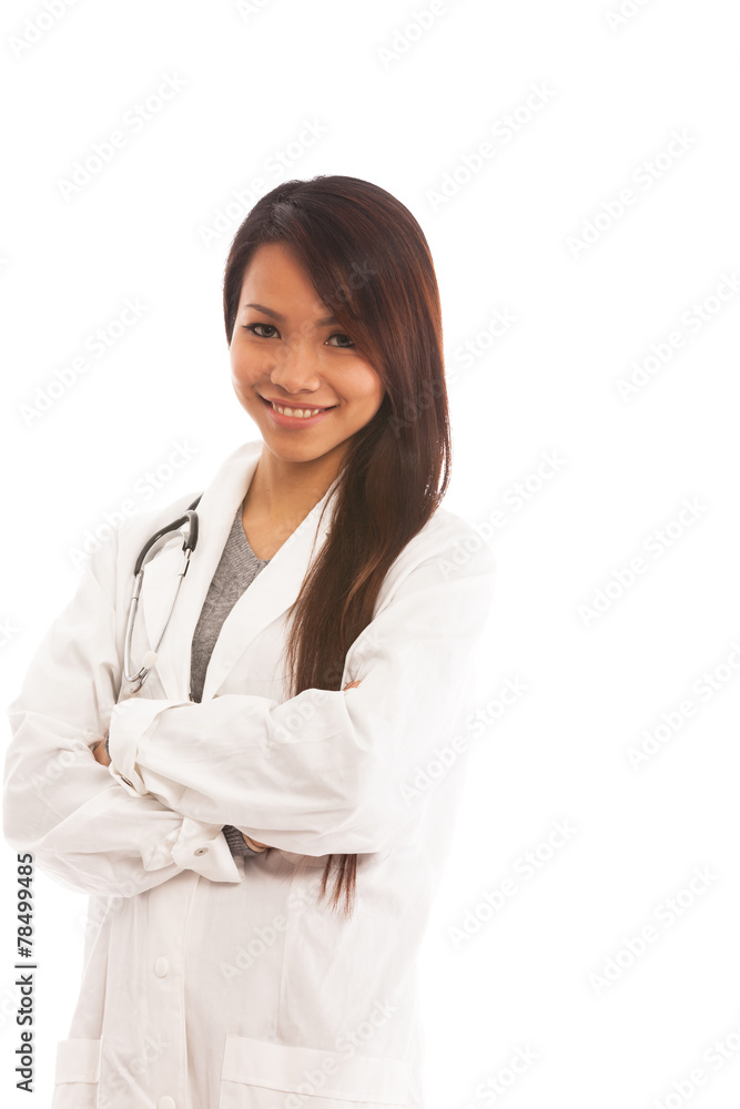 Smiling asian female doctor over white isolated background Smiling asian female doctor over white isolated background