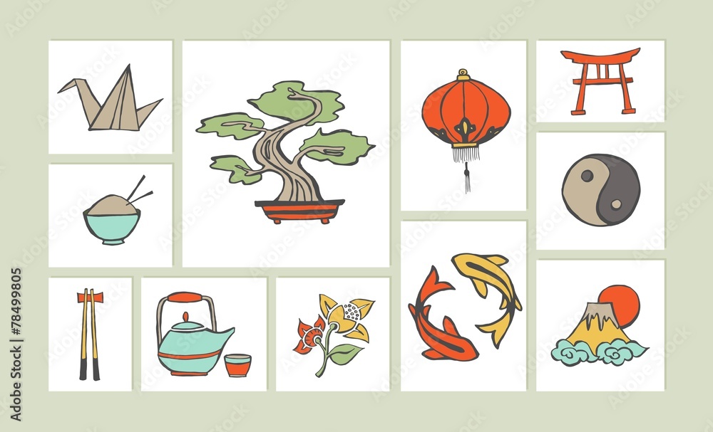 Chinese hand drawn illustration icon set