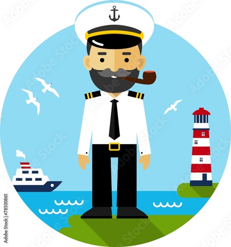 Ship captain in uniform on sea cost background