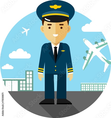 Pilot on airport background in flat style