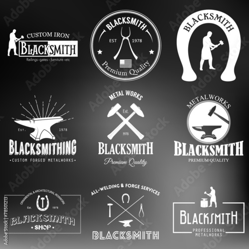 Set of vintage blacksmith labels and design elements