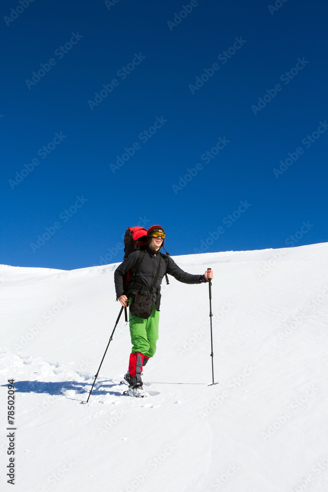 Winter hiking in snowshoes.