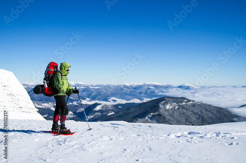 Winter hiking in snowshoes.