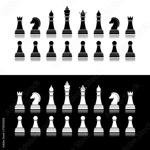 Vector chess icons silhouettes on white and black background