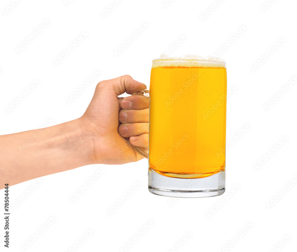 Glass of beer in man hand isolated on white Glass of beer in man hand isolated on white