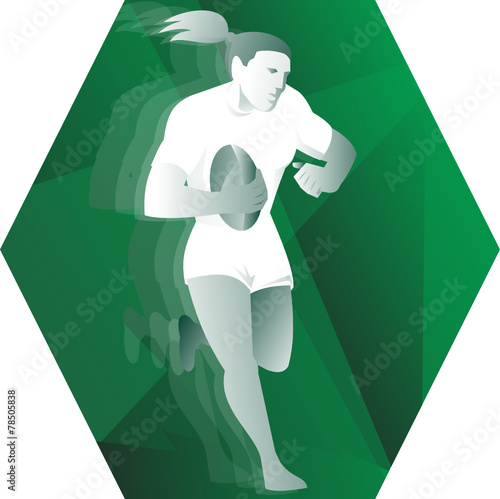 Female Rugby Player Running Ball Retro