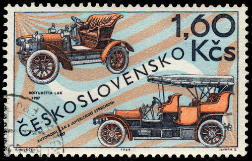 Stamp printed in Czechoslovakia shows old cars photo