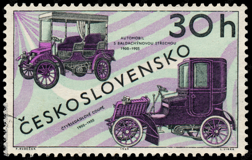 Stamp printed in Czechoslovakia shows old cars