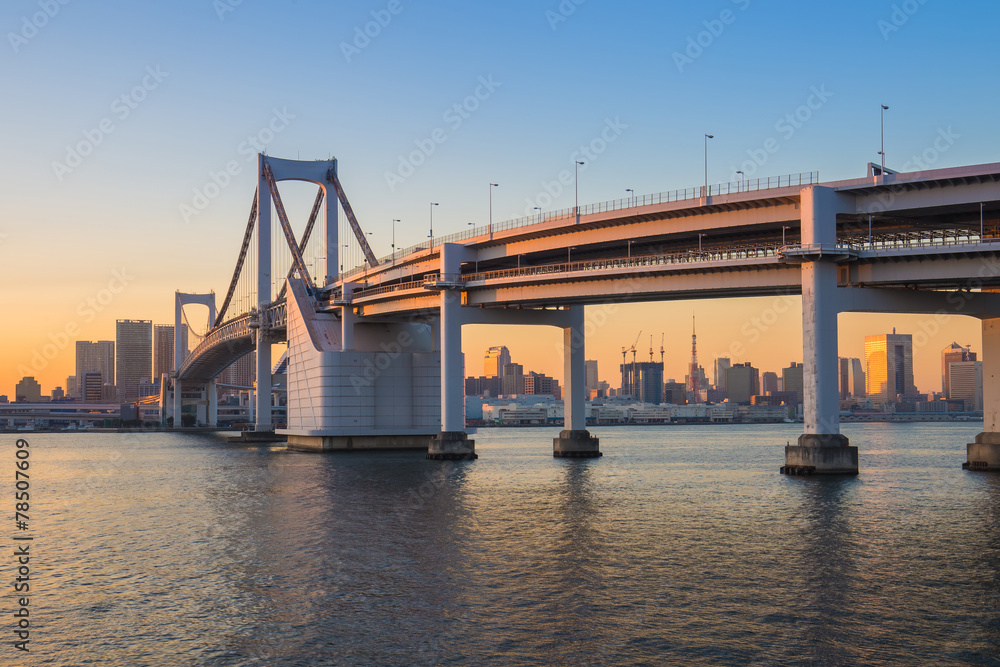Sunset at Rainbow bridge with Tokyo tower in background Sunset at Rainbow bridge with Tokyo tower in background