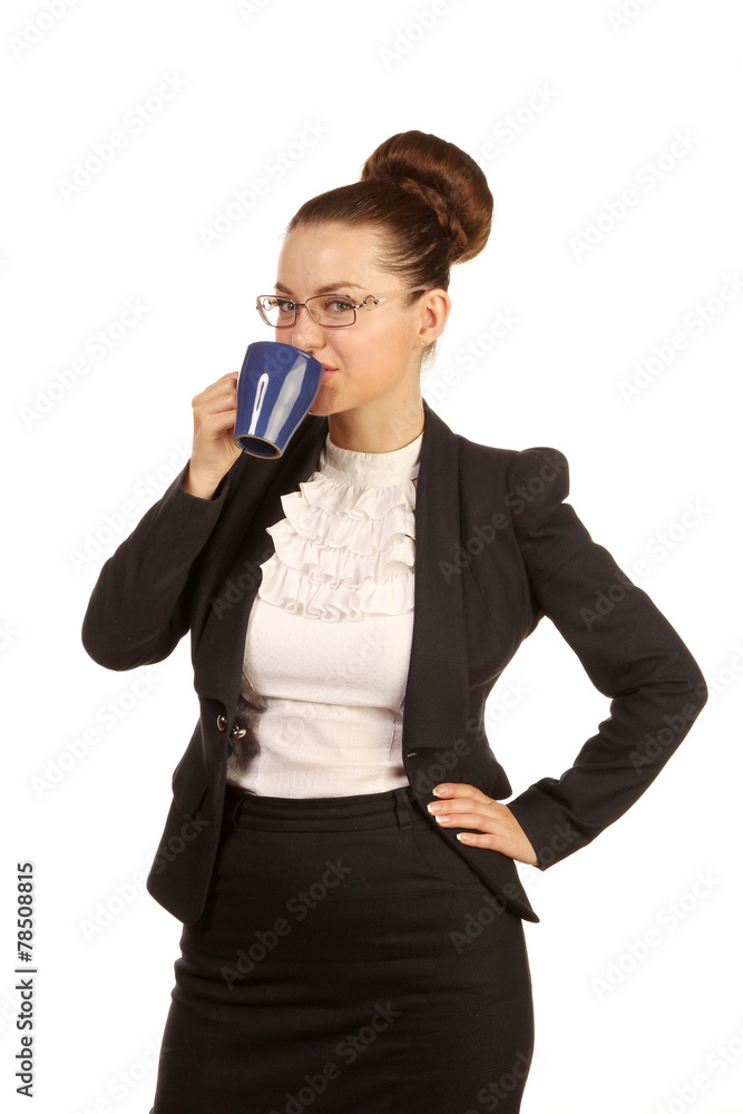 Portrait of pretty woman drinking with blue teapot Portrait of pretty woman drinking with blue teapot