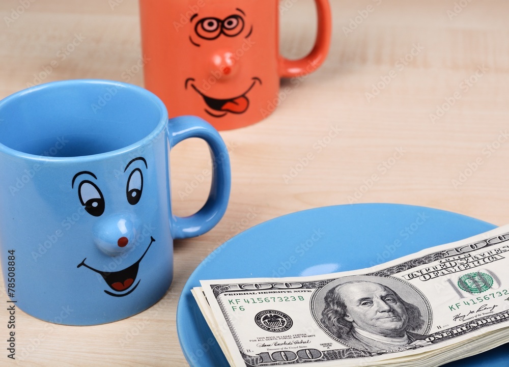 Cup and dollar. The cup is looking for dollars