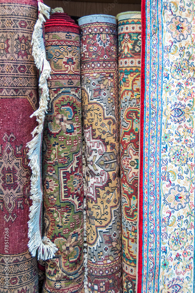 Hand knotted carpets in Mutrah Souk, Muscat, Oman Hand knotted carpets in Mutrah Souk, Muscat, Oman