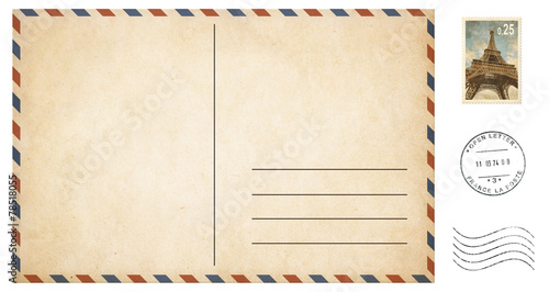 old blank postcard isolated on white with post stamps set