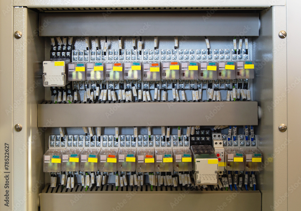 Relay panel with relays and wires Relay panel with relays and wires