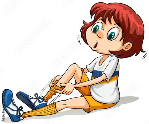 A girl pulling her sock