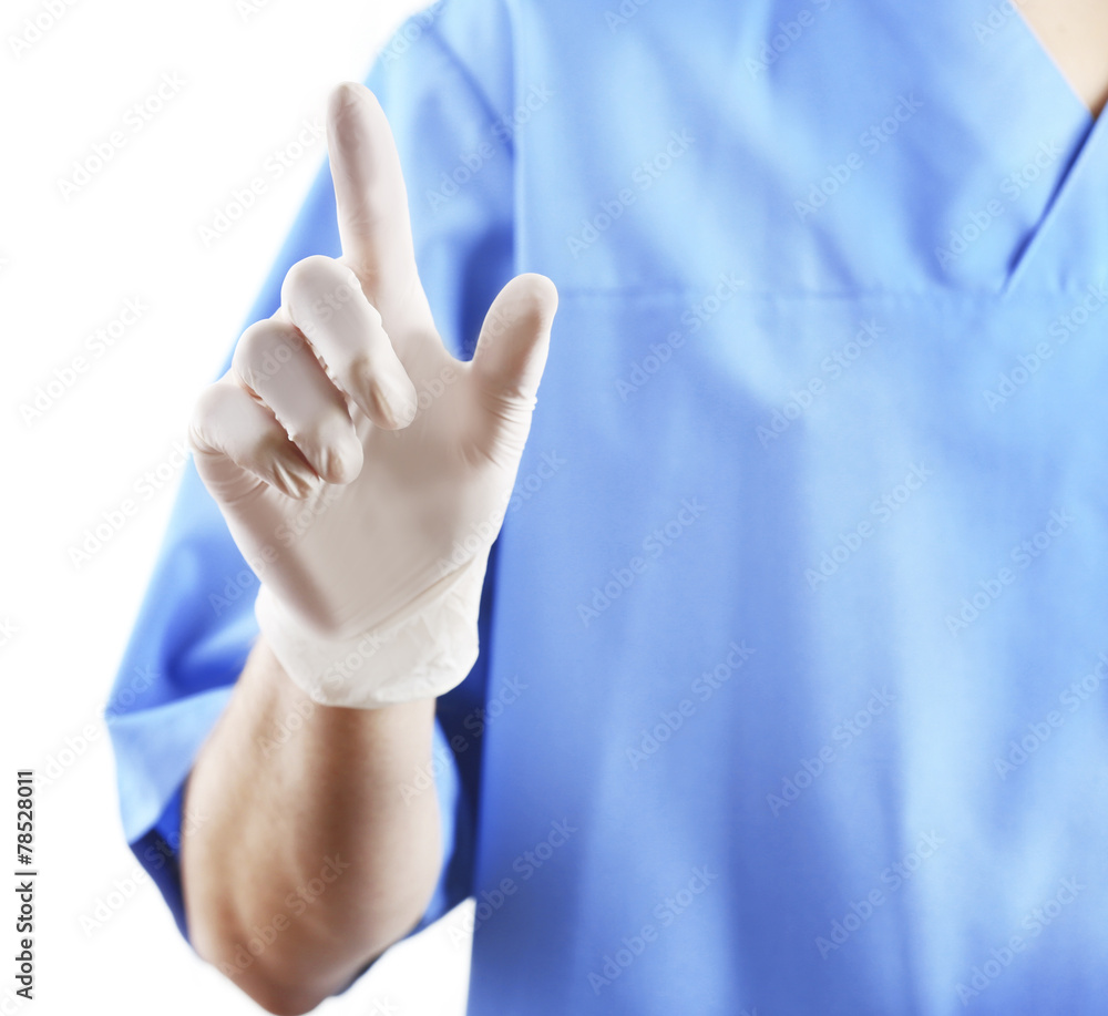 Doctor hand in sterile gloves showing sign, isolated Doctor hand in sterile gloves showing sign, isolated