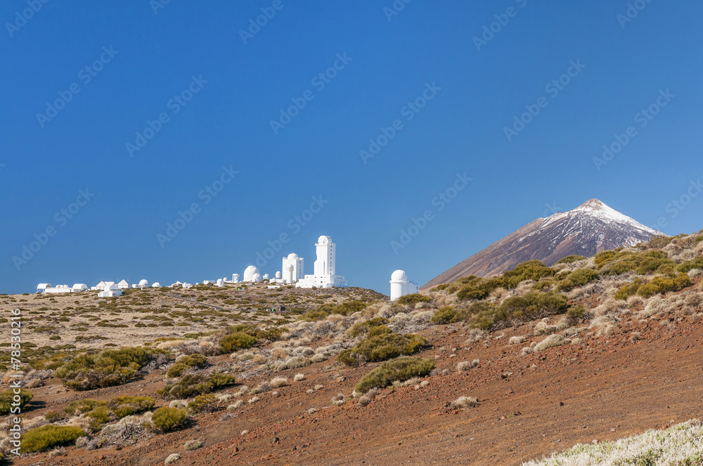 View on Teide Observatory and volcano Teide behind