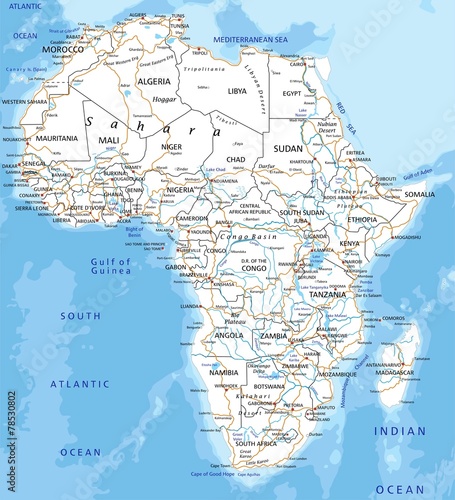 High detailed Africa road map with labeling. photo