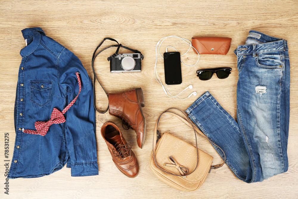 Naklejka premium Still life of casual woman. Woman clothes and accessories