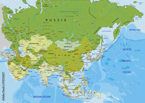 Highly detailed editable political map. Asia.