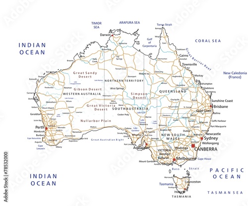 High detailed Australia road map with labeling.